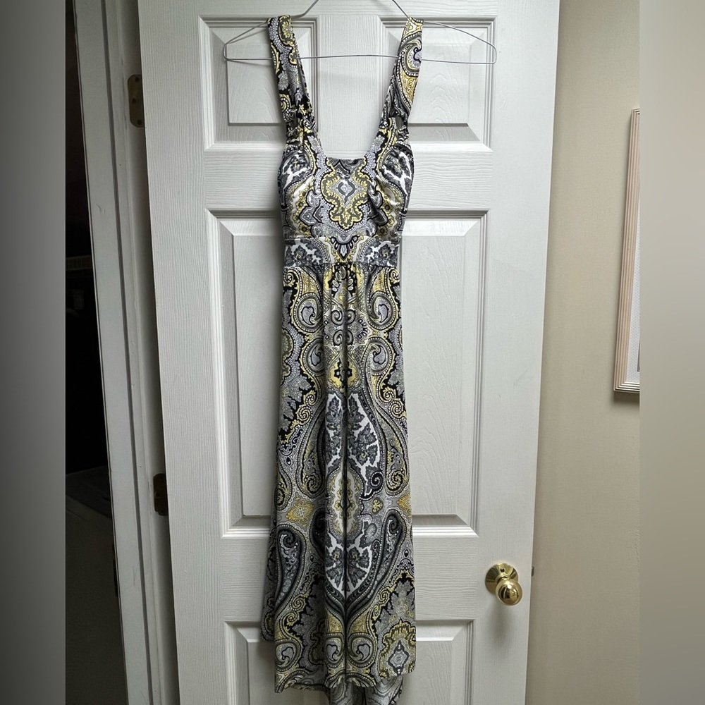 INC Medium Paisley Polyester Midi Yellow, Gray, Black, and white dress.